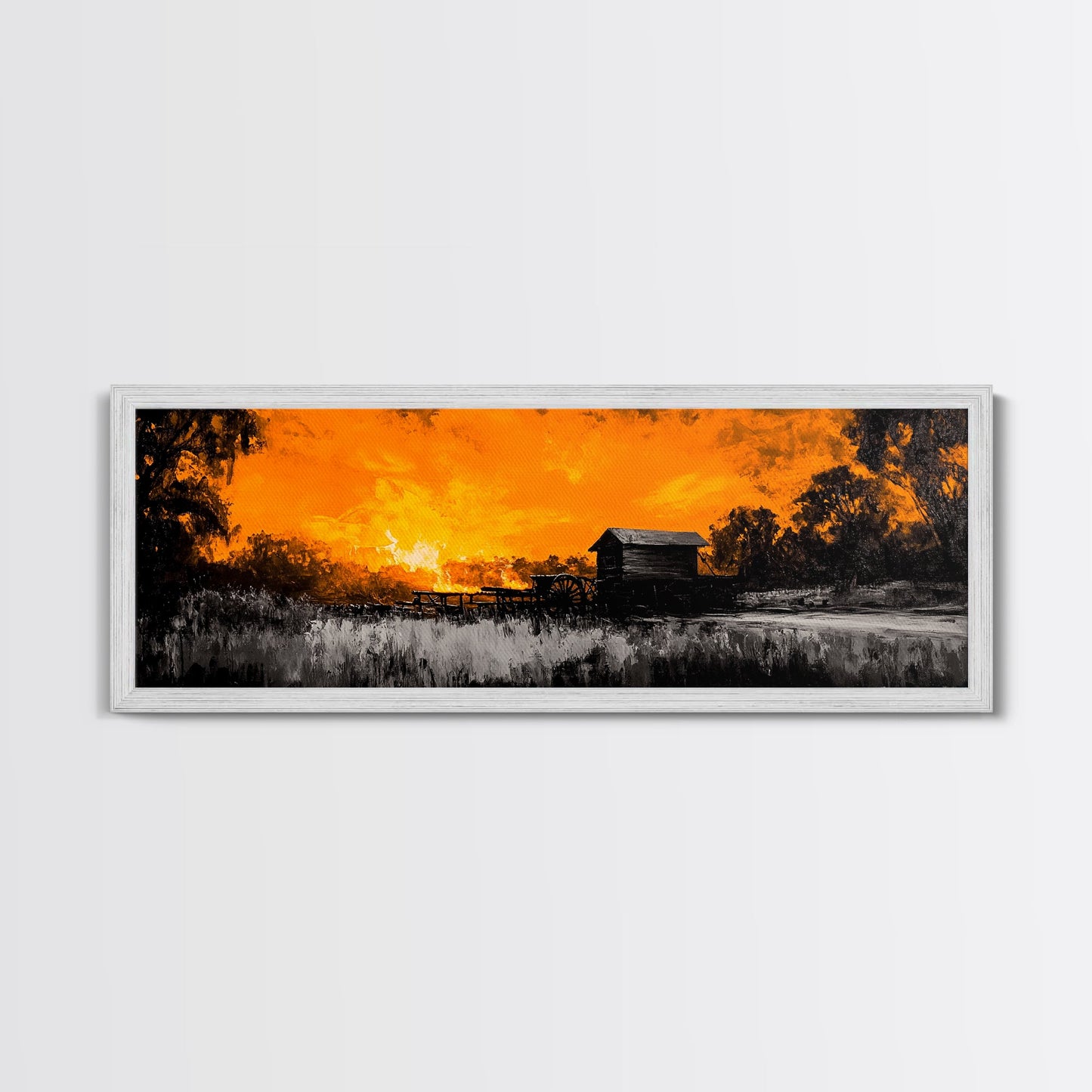 Farm Sunset, Old Barn, Fiery Sky, Rustic Landscape, Framed Canvas Print, Country Wall Art, Western Home Decor, Harvest Season Artwork