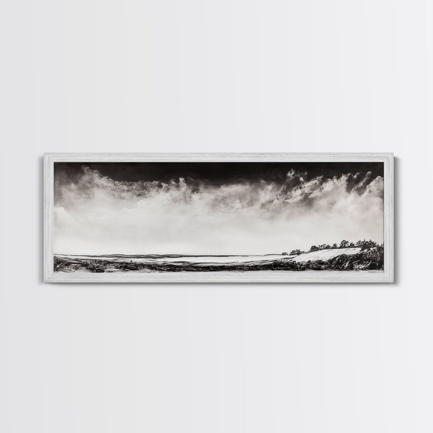 Minimalist Landscape, Black and White Art, Cloudy Sky, Framed Canvas Print, Modern Wall Art, Neutral Home Decor, Monochrome Landscape