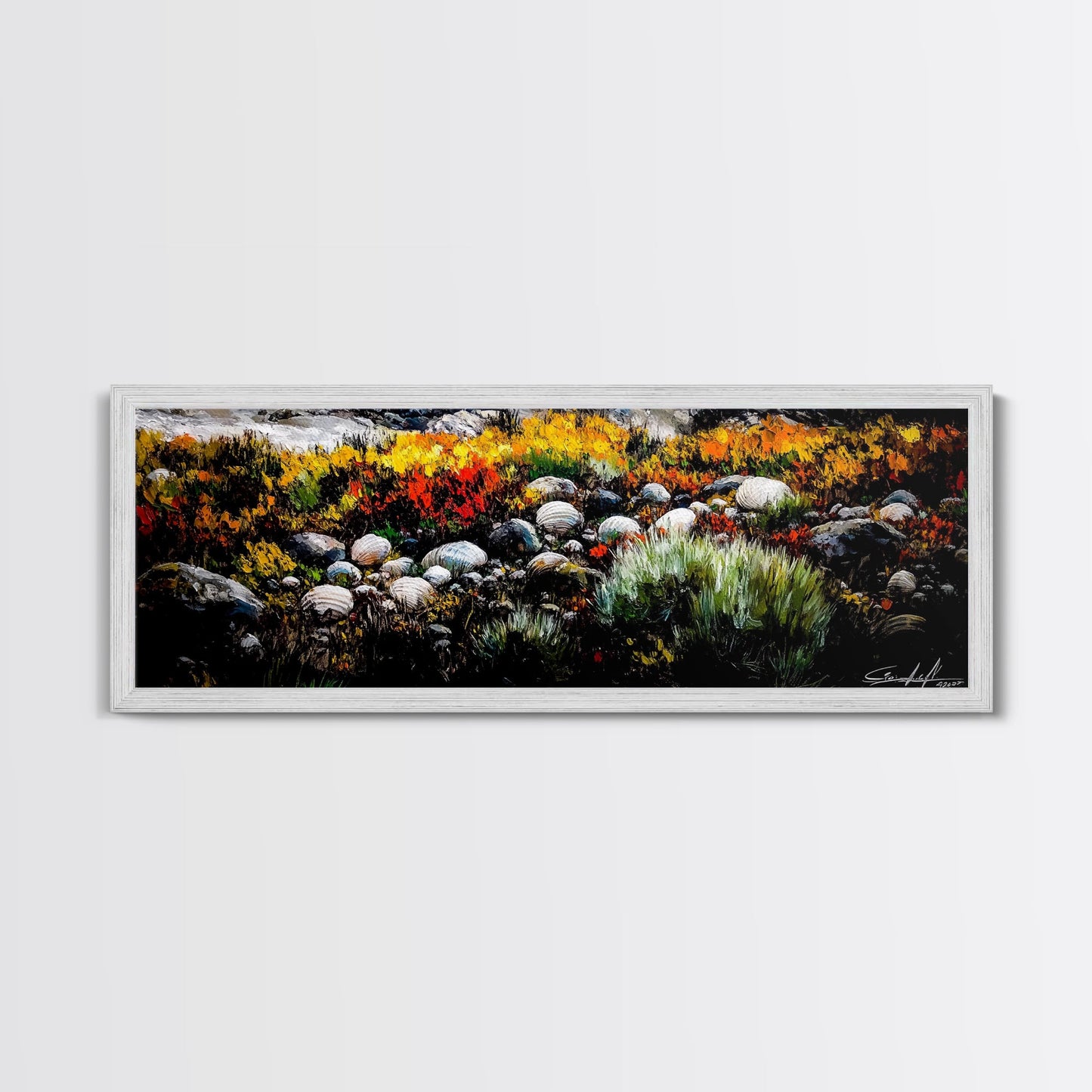 Rocky Shoreline, Wildflowers, Coastal Landscape, Framed Canvas Print, Autumn Beach Scene, Rustic Nature Painting, Entryway Wall Art