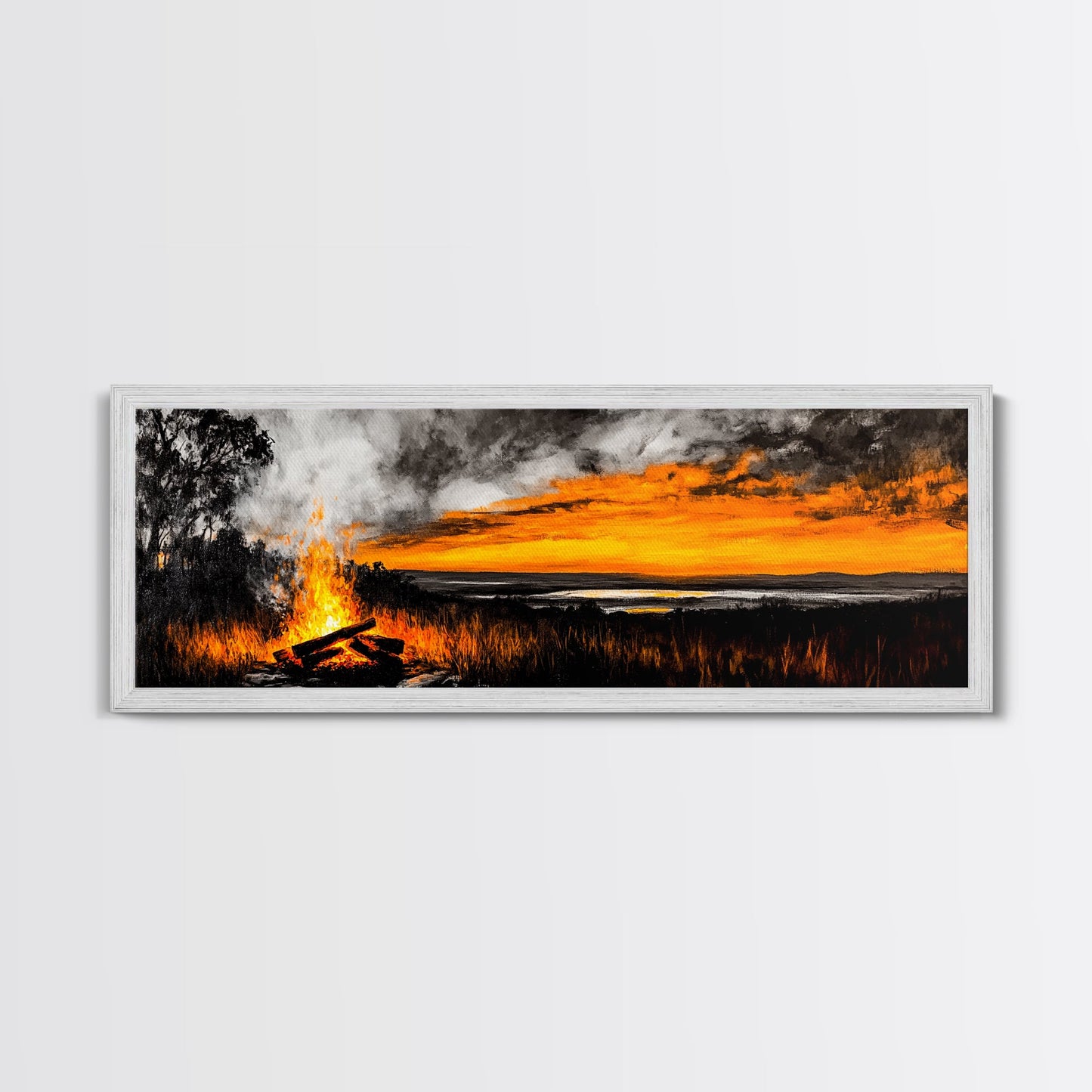 Sunset Bonfire, Rustic Art, Cozy Cabin Decor, Canvas Print, Fall Landscape, Nature Wall Art, Warm Glow Artwork, Mountain Retreat Art