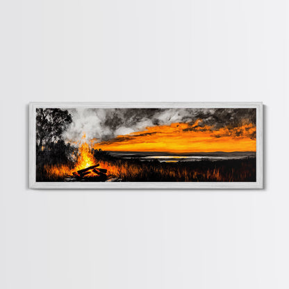 Sunset Bonfire, Rustic Art, Cozy Cabin Decor, Canvas Print, Fall Landscape, Nature Wall Art, Warm Glow Artwork, Mountain Retreat Art
