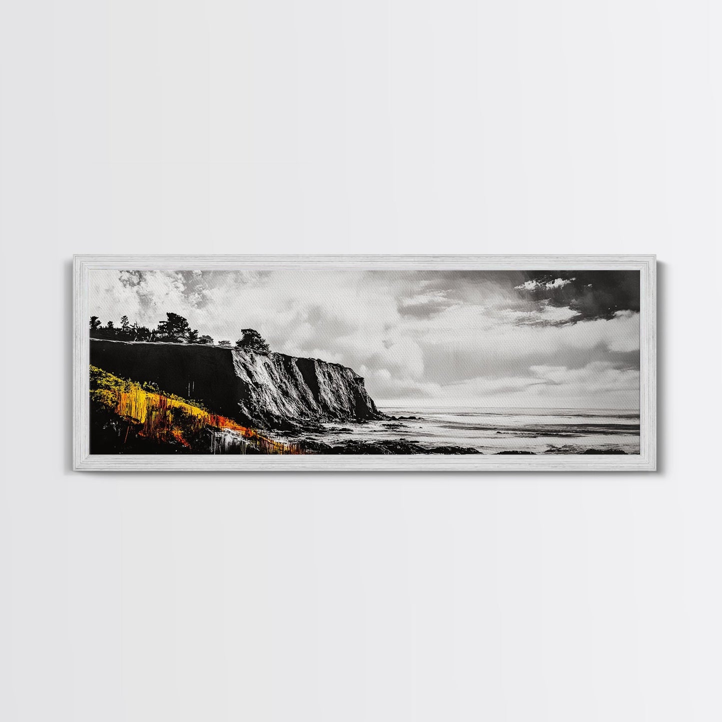 Coastal Cliff Painting, Black and White Seascape, Ocean View Artwork, Modern Nautical Decor, Beach House Wall Art, Framed Canvas Print