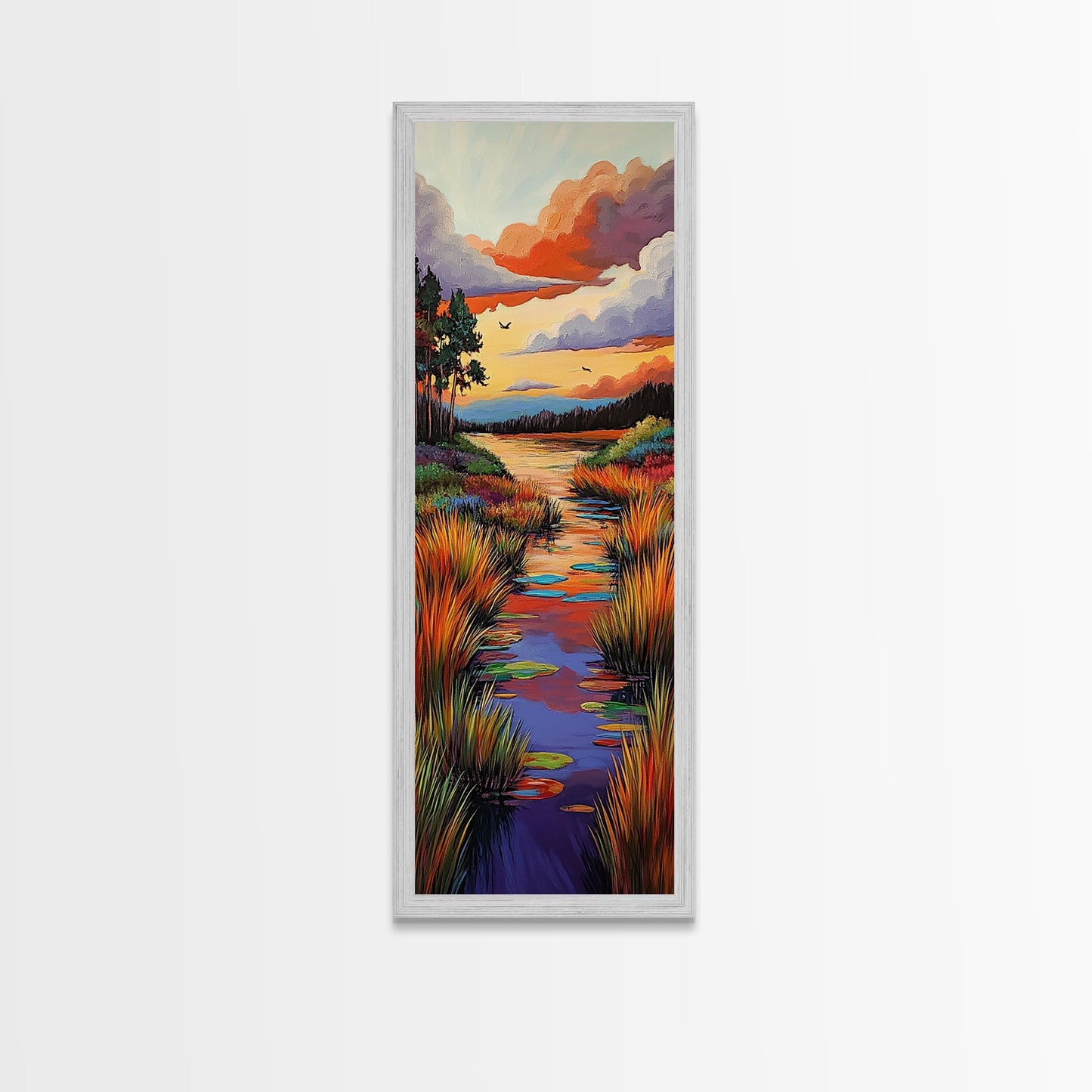 Autumn, River, Sunset, Painting, Framed Canvas Print of colorful river marsh landscape, Fall wall decor, rustic living room boho art