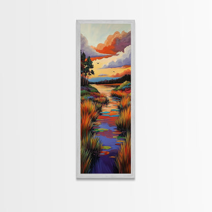 Autumn, River, Sunset, Painting, Framed Canvas Print of colorful river marsh landscape, Fall wall decor, rustic living room boho art