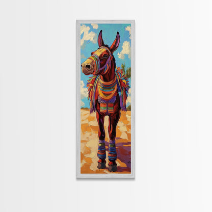 Donkey, Fiesta, Colorful, Fun, Framed Canvas Print with southwestern folk art, playful animal design, boho kids room, kitchen decor