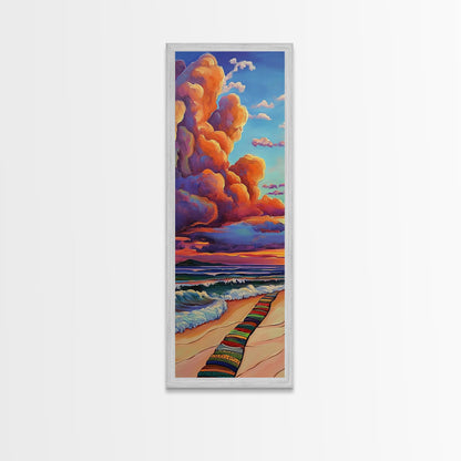 Ocean, Sunset, Blankets, Beach - Framed Canvas Print, Cozy Coastal Wall Art, Warm Sunset Beach Decor, Serene Bedroom, Entryway Accent