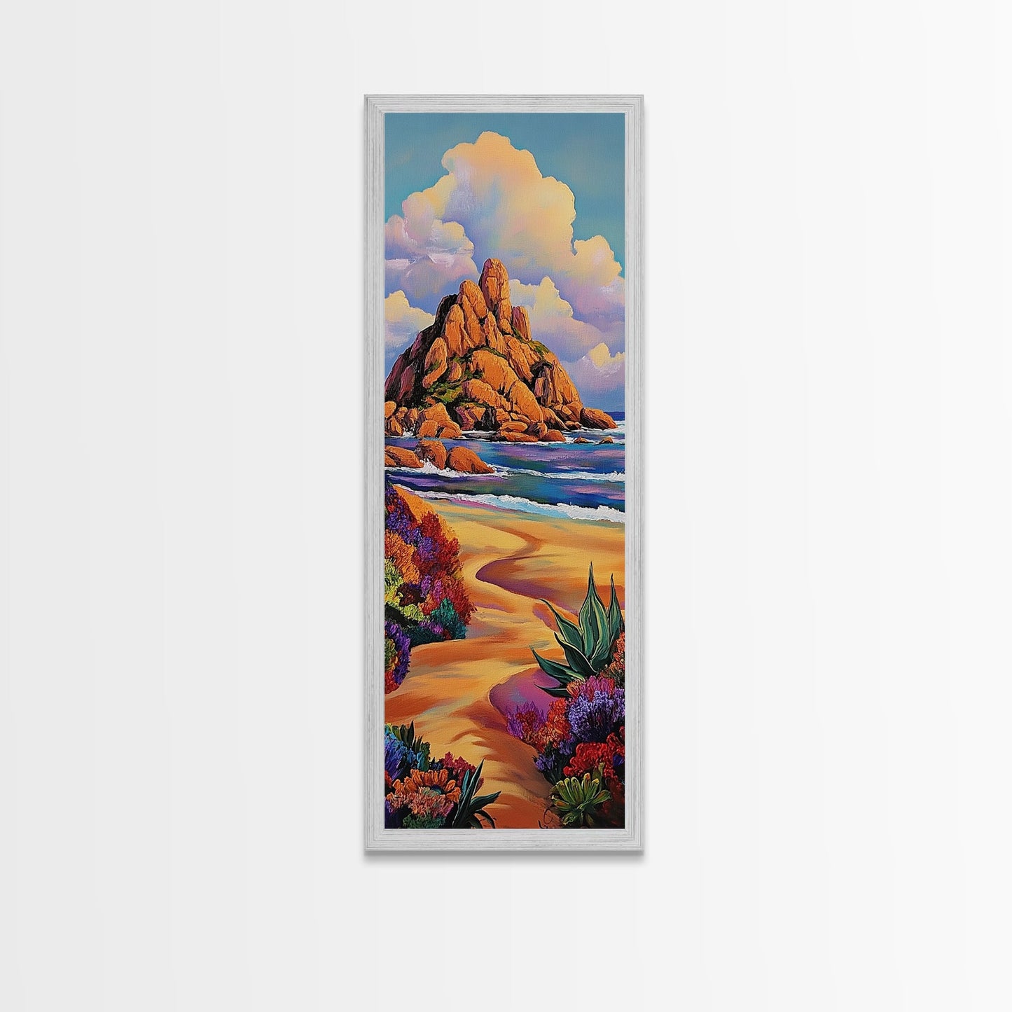 Coastal Path, Mountain, Framed Canvas Print, Vibrant Beach Landscape Wall Art, Desert Coastal Decor, Colorful Nature Living Room Accent