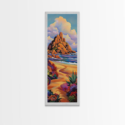 Coastal Path, Mountain, Framed Canvas Print, Vibrant Beach Landscape Wall Art, Desert Coastal Decor, Colorful Nature Living Room Accent
