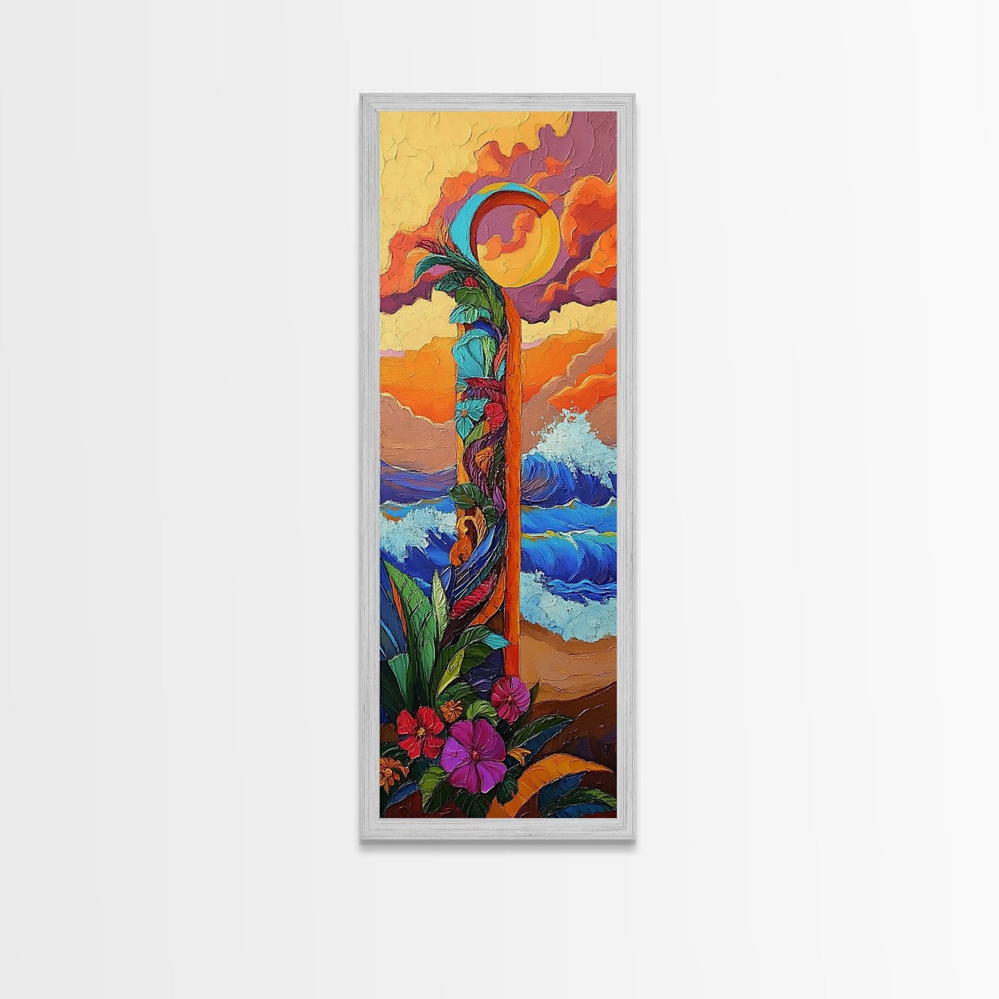 Sunset Waves, Flowers, Canvas Print, Tropical sunset beach painting with waves and floral details, boho decor, hallway wall art