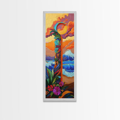 Sunset Waves, Flowers, Canvas Print, Tropical sunset beach painting with waves and floral details, boho decor, hallway wall art