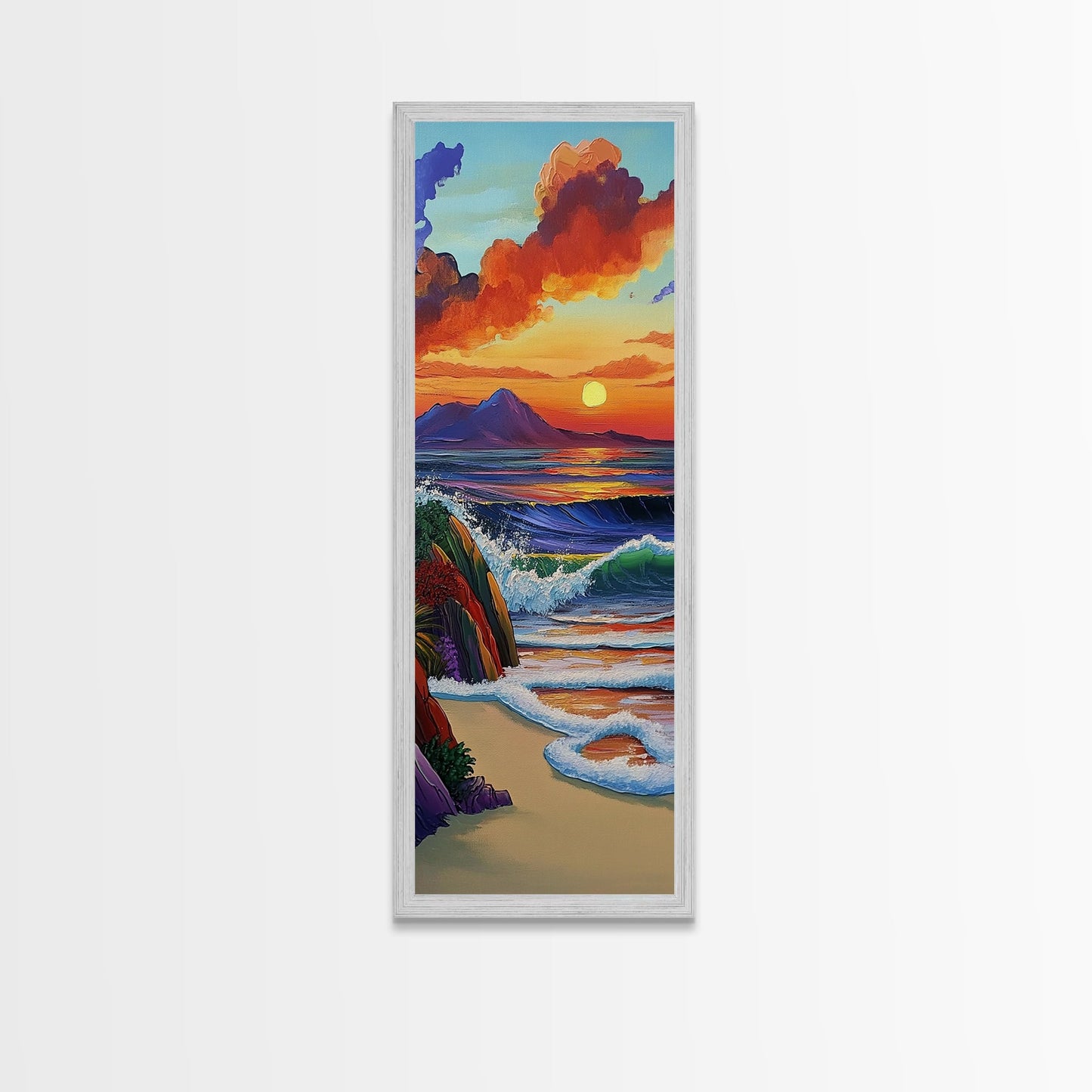 Sunset Waves, Shore, Coastal Framed Canvas Print beach sunset wall art, vibrant ocean wave decor, tropical boho art, iving room art