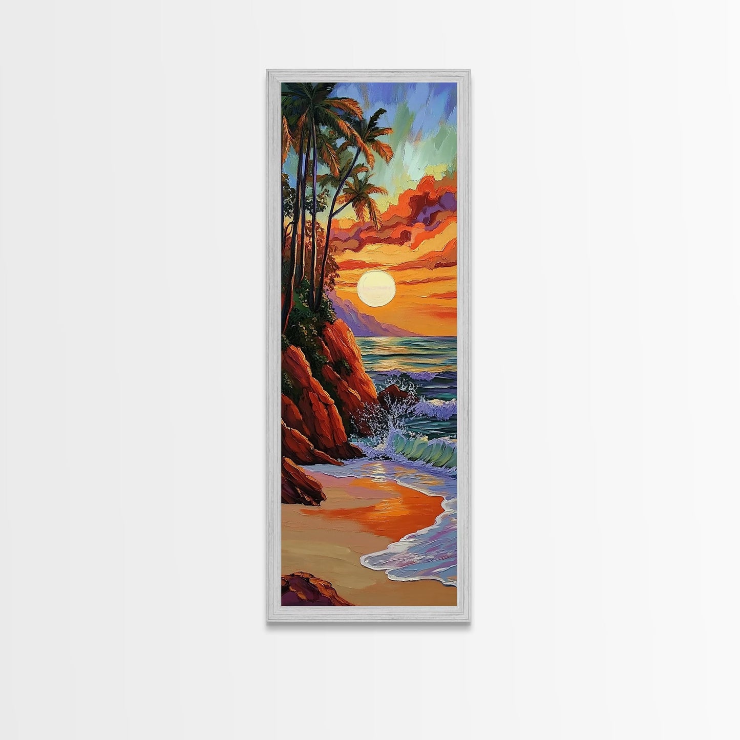 Tropical Sunset, Palms, Beach Framed Canvas Print vibrant tropical sunset scene, palm tree ocean art, vacation vibes, hallway wall print