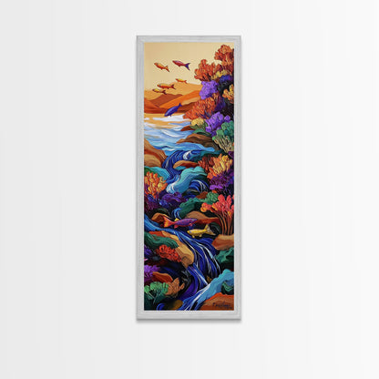 Fish Stream, Fantasy Whimsical — Framed Canvas Print, colorful river painting, kids room aquatic wall art, fantasy nature scene, boho decor