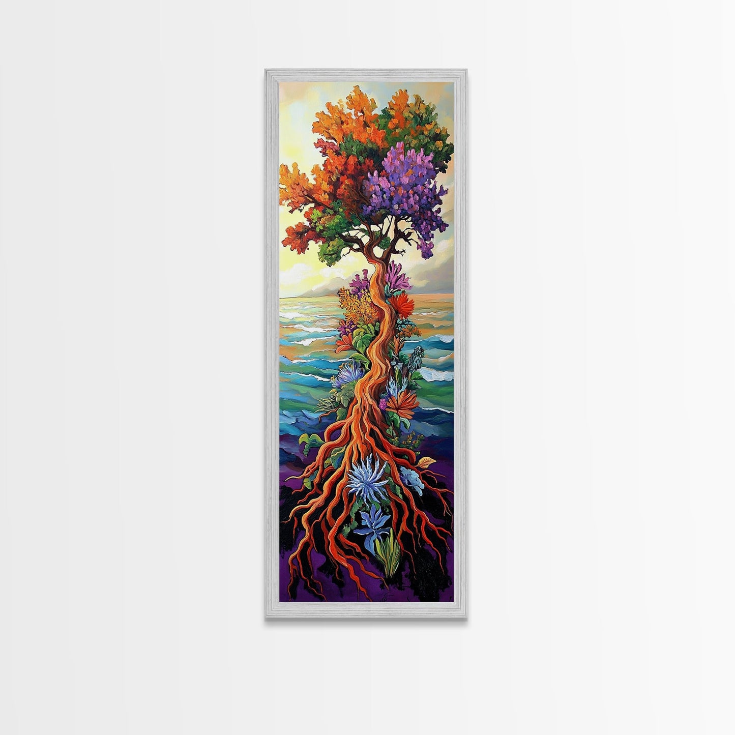 Tree of Life, Vibrant Roots, Abstract Nature Scene, Framed Canvas Print, Bohemian Home Art, Whimsical Bedroom Decor, Colorful Spiritual Art