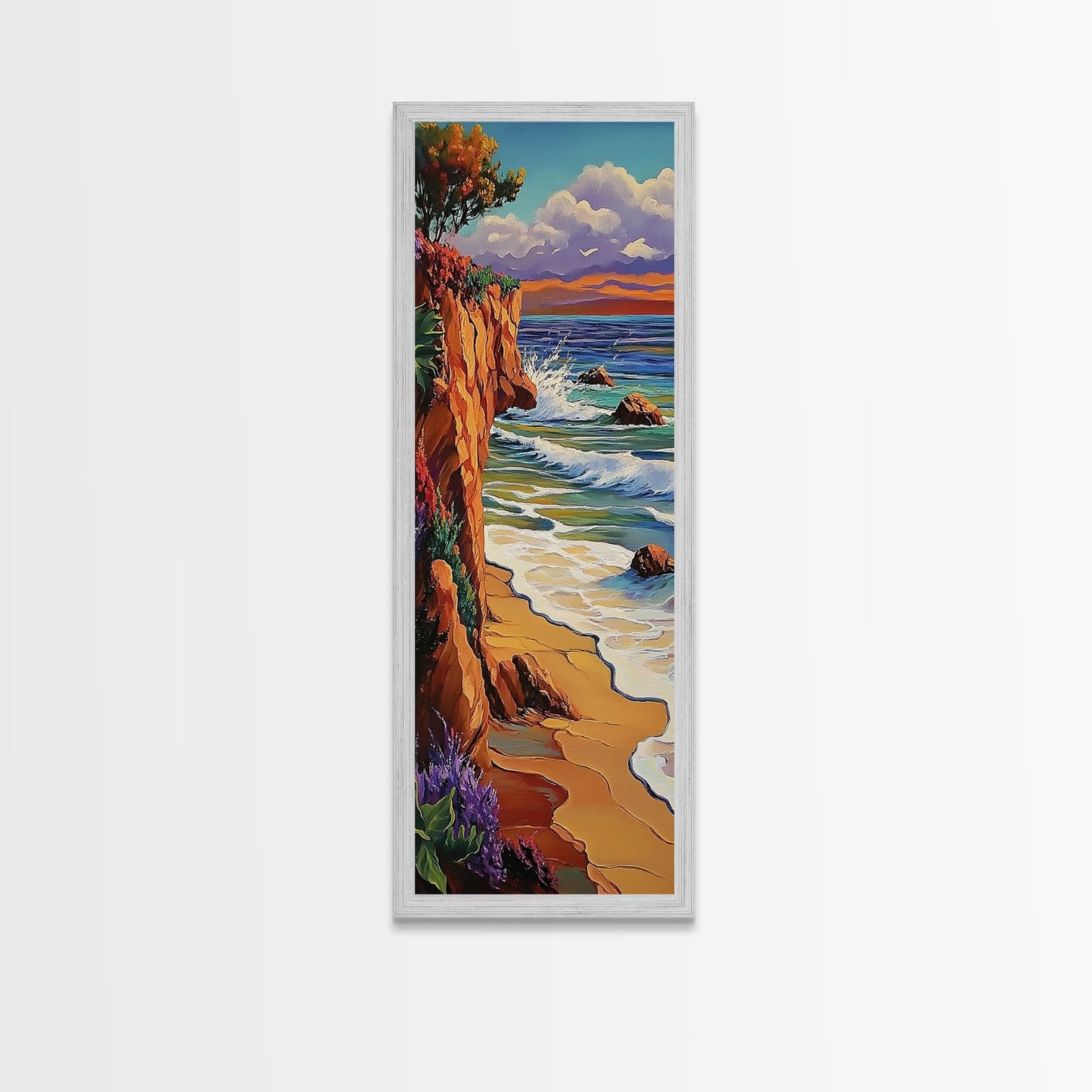 Ocean Cliff, Waves, Bold - Framed Canvas Print, coastal wall décor, colorful beach house art, fall inspired seascape, bedroom wall piece