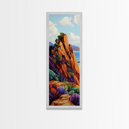 Cliff Trail, Seaside, Vista, Framed Canvas Print, nature hiking trail painting, boho wall decor, mountain sea view artwork, living room print