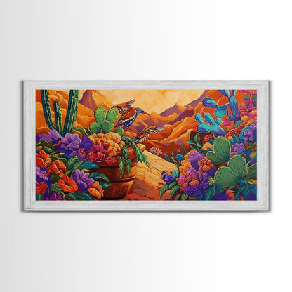 Birds Cactus, Blossoms, Bright Nature Framed Canvas Print, Desert Floral Wall Decor, Southwest Living Room Boho Wall Art