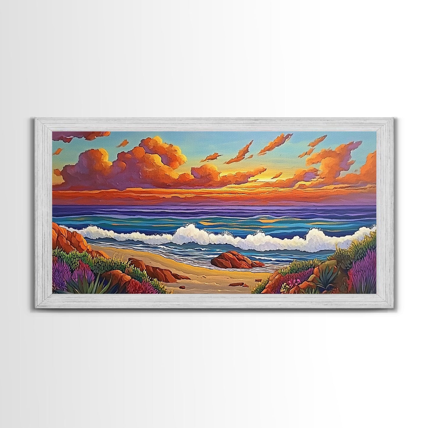 Beach Sunset, Waves, Pastel, Canvas Print, Seaside Landscape Art, Coastal Home Wall Decor, Serene Living Room Accent