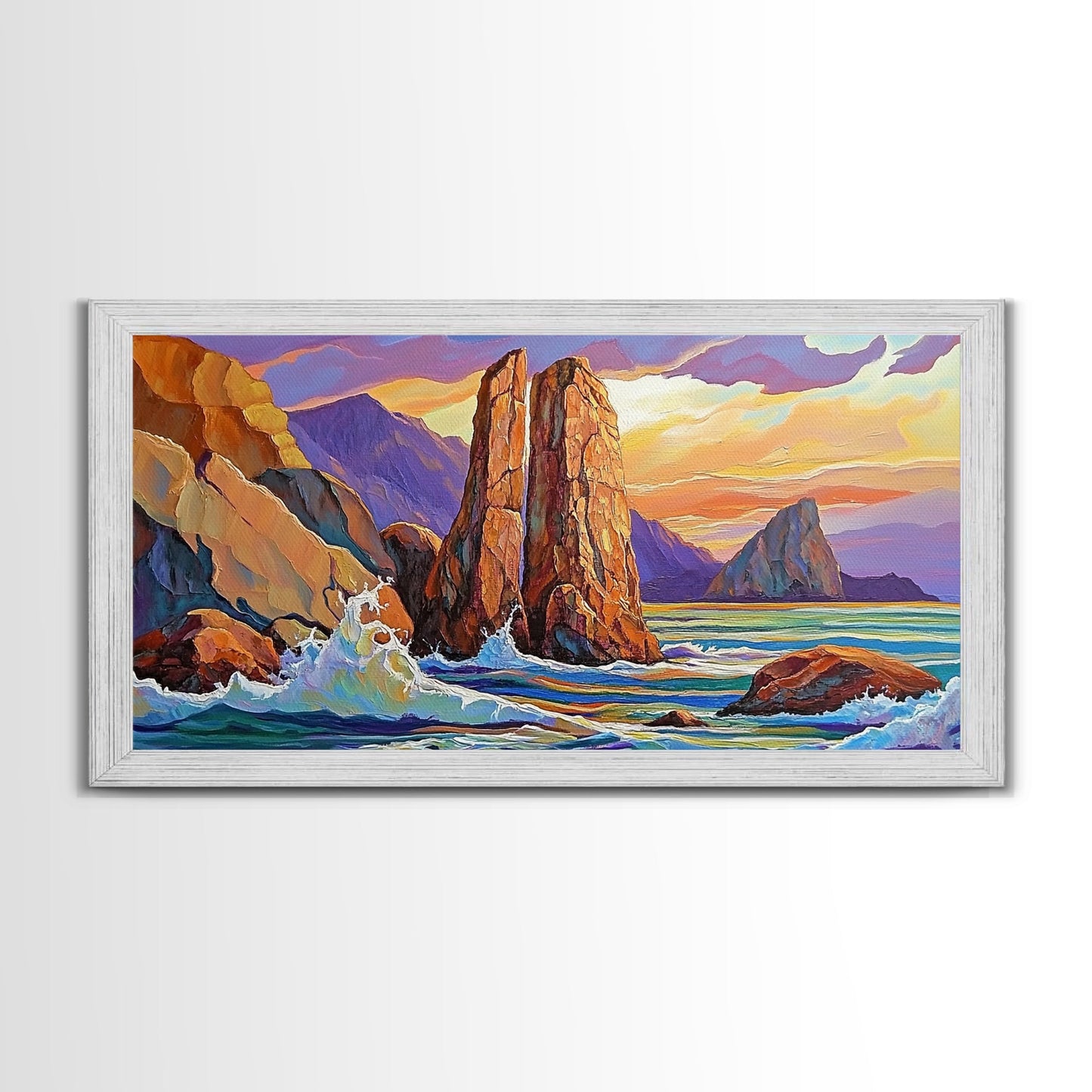 Ocean Rocks, Waves, Sunrise, Framed Canvas Print, Coastal Landscape Art, Nautical Beach Wall Decor, Ocean Sunset Art, Bedroom Accent