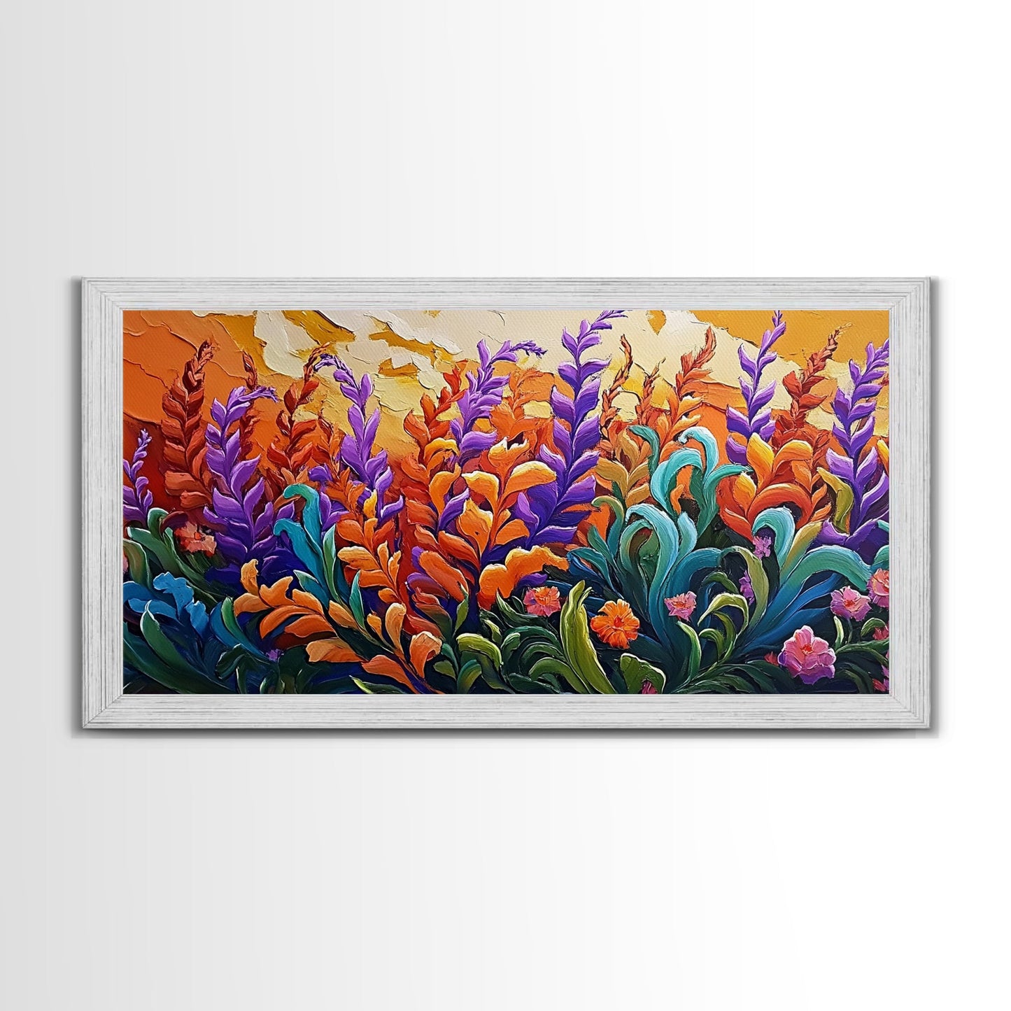 Flowers Sunset, Vibrant, Nature, Framed Canvas Print, Fall Wildflower Art, Boho Floral Wall Decor, Kitchen or Entryway Accent