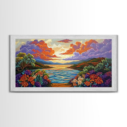 Sunset Floral, Lake, Garden, Framed Canvas Print, romantic nature painting, bedroom wall art, bright flower garden decor, sunset print