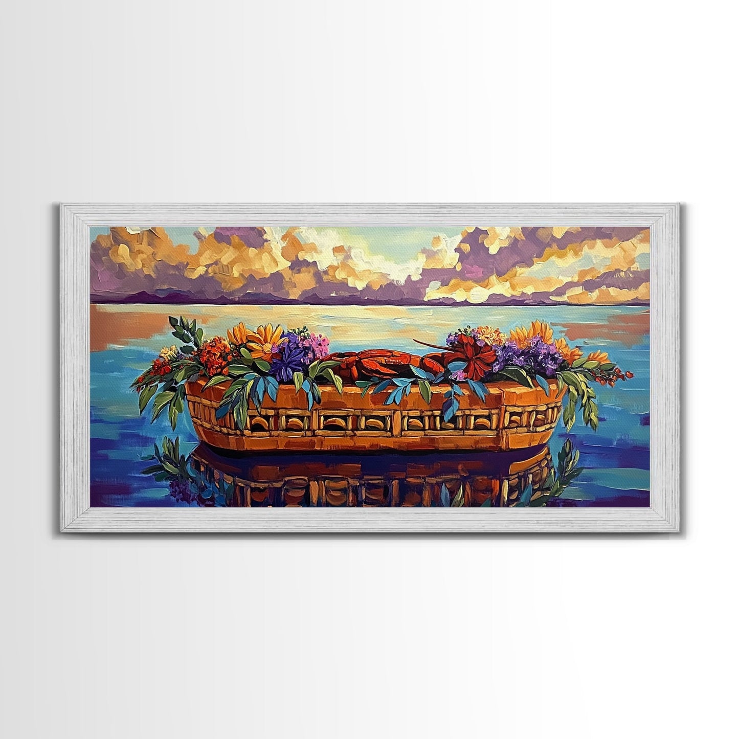 Lobster Basket, Florals, Coastal, Canvas Print, Nautical seafood kitchen wall art, whimsical ocean dining decor, coastal flower boho art