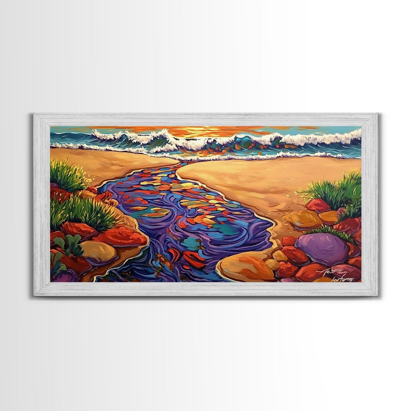 Ocean Stream, Sunset, Framed Canvas Print, Vibrant Beach Painting, Surf Wall Art, Coastal Decor, Sunset Seascape, Colorful Nature Art