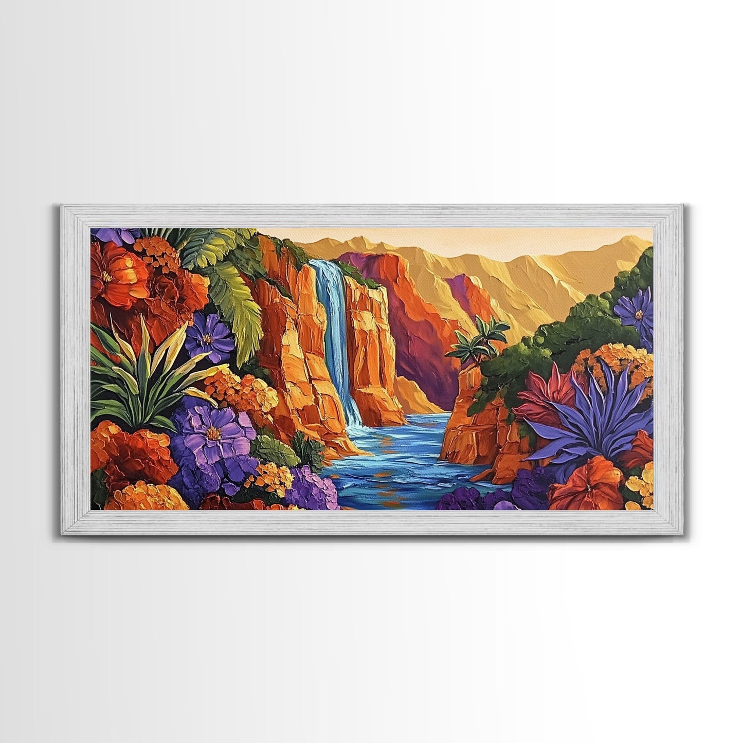 Canyon Waterfall, Desert Bloom, Sunset Rocks, Framed Canvas Print, Nature Landscape Wall Art, Boho Bedroom or Office Decor
