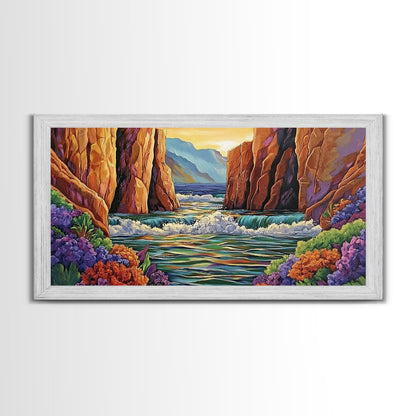 Canyon Cliffs, Ocean View, Sunset Water, Framed Canvas Print, Vibrant Landscape Wall Art, Office or Entryway Nature Decor