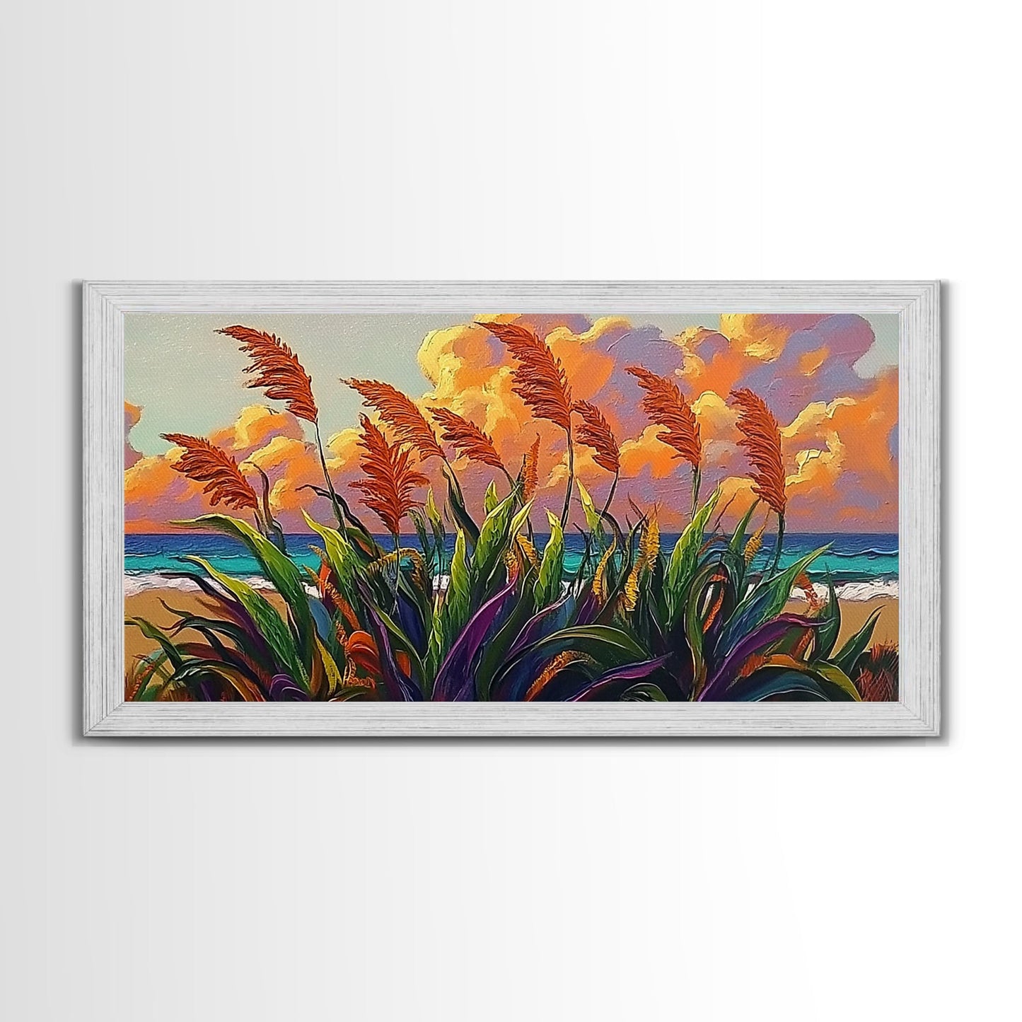 Coastal Sunset, Grasses, Canvas Print, Autumn Beach Landscape Art, Boho Living Room Wall Decor, Colorful Nature Painting
