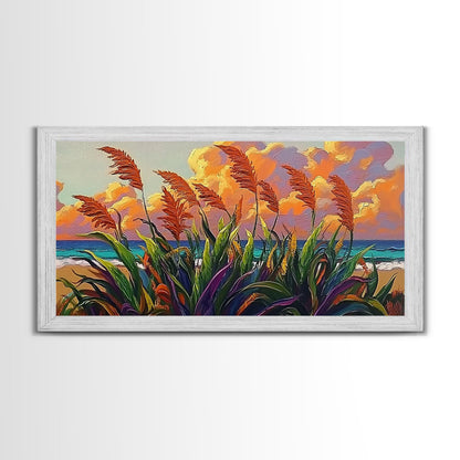 Coastal Sunset, Grasses, Canvas Print, Autumn Beach Landscape Art, Boho Living Room Wall Decor, Colorful Nature Painting