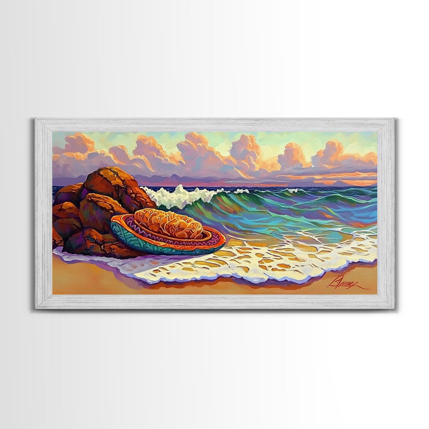 Conchas Beach, Sunset, Waves, Canvas Print, Mexican sweet bread art, kitchen wall decor, colorful bakery art, beach wall painting