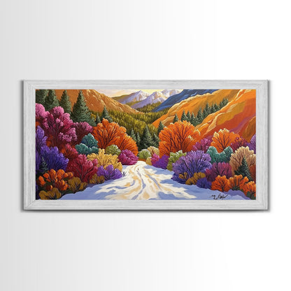 Autumn Forest, Snow, Trail, Canvas Print, Fall landscape painting, cabin wall decor, cozy mountain art, vibrant rustic hallway print