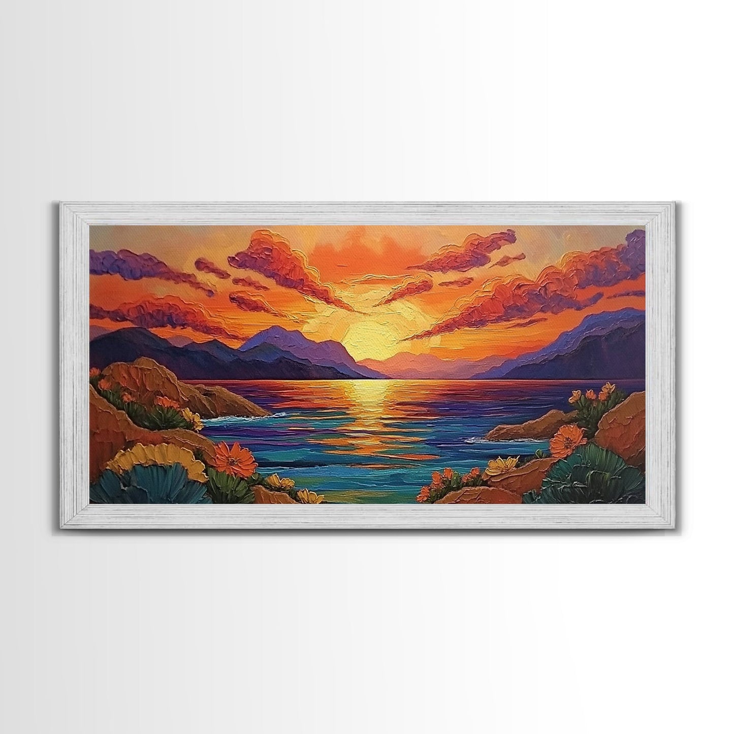 Sunset Coastal, Landscape, Vibrant Colors, Framed Canvas Print, Boho Beach Art, Living Room Wall Decor, Nature Painting, Summer Vibes