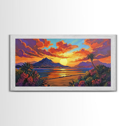 Mountains Tropical, Sunset, Palm Trees, Framed Canvas Print, Bold Landscape Art, Living Room Wall Decor, Sunset View, Boho Decor