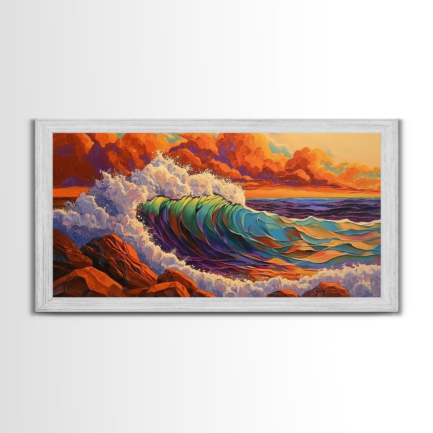 Ocean Wave, Sunset, Crashing Surf, Framed Canvas Print, Colorful Coastal Art, Living Room Wall Decor, Seaside Painting, Bold Landscape