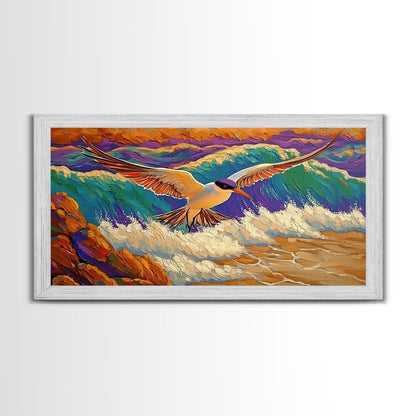 Seagull, Beach, Ocean Waves, Vibrant Sky, Framed Canvas Print, Coastal Wildlife Art, Living Room Wall Decor, Bird Painting, Boho Nature