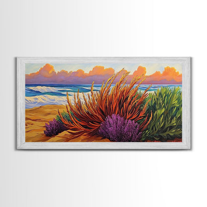 Beach, Sunset, Grasses, Coastal, Canvas Print, Tropical coastal wall art, desert beach boho art, modern bathroom art, hallway decor