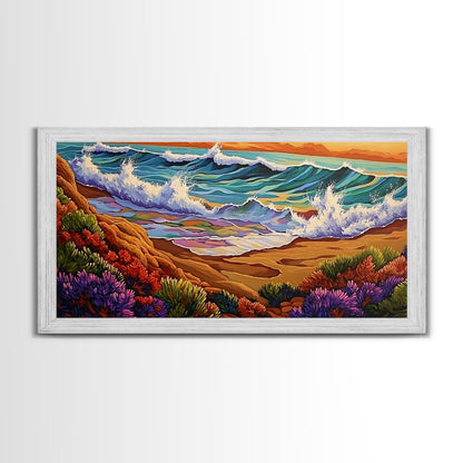 Wave Shoreline, Sunset Painting, Framed Canvas Print, vibrant crashing ocean waves, colorful rocks, Coastal Wall Art, tropical art