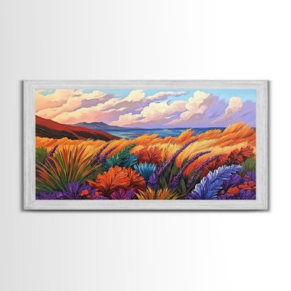 Golden Field, Coastal Landscape, Sunset, Colorful Grass, Ocean View, Large Wall Art, Living Room Wall Art, Canvas Print, Nature Decor