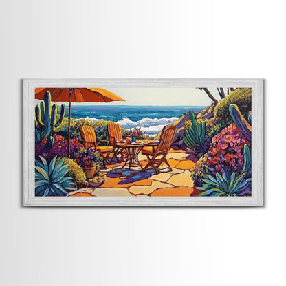 Patio, Ocean, Dining, Framed Canvas Print, Colorful seaside patio with umbrella and table scene, Summer vibes, Dining Room Wall Art