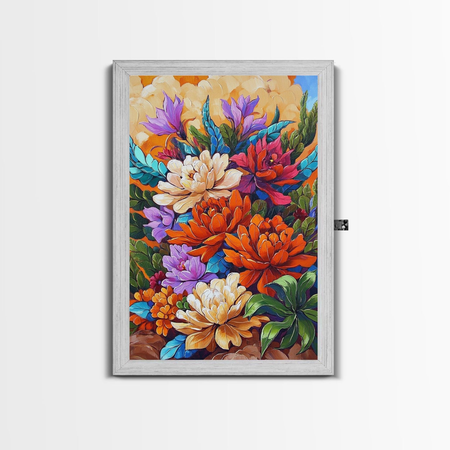 Floral Boho, Bright, Fall, Canvas Print vibrant flower bouquet wall art, fall floral wall decor, dining room print, bohemian art gift