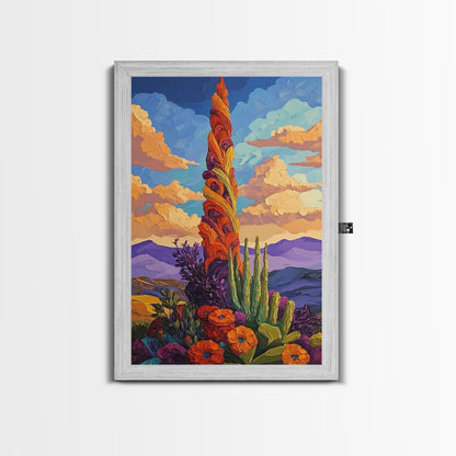 Cactus Bloom, Sunset, Desert, Canvas Print southwest desert flower art, blooming cactus painting, bright desert landscape, office decor
