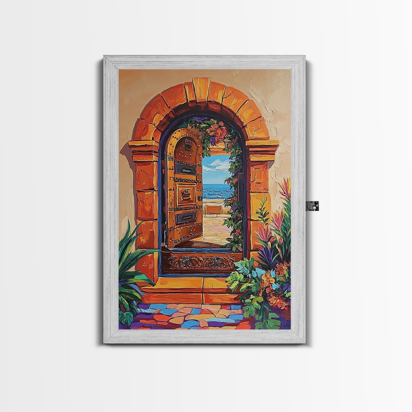 Doorway Ocean, View, Escape, Framed Canvas Print, Mediterranean coastal decor, boho travel wall art, vibrant entryway art, hallway decor