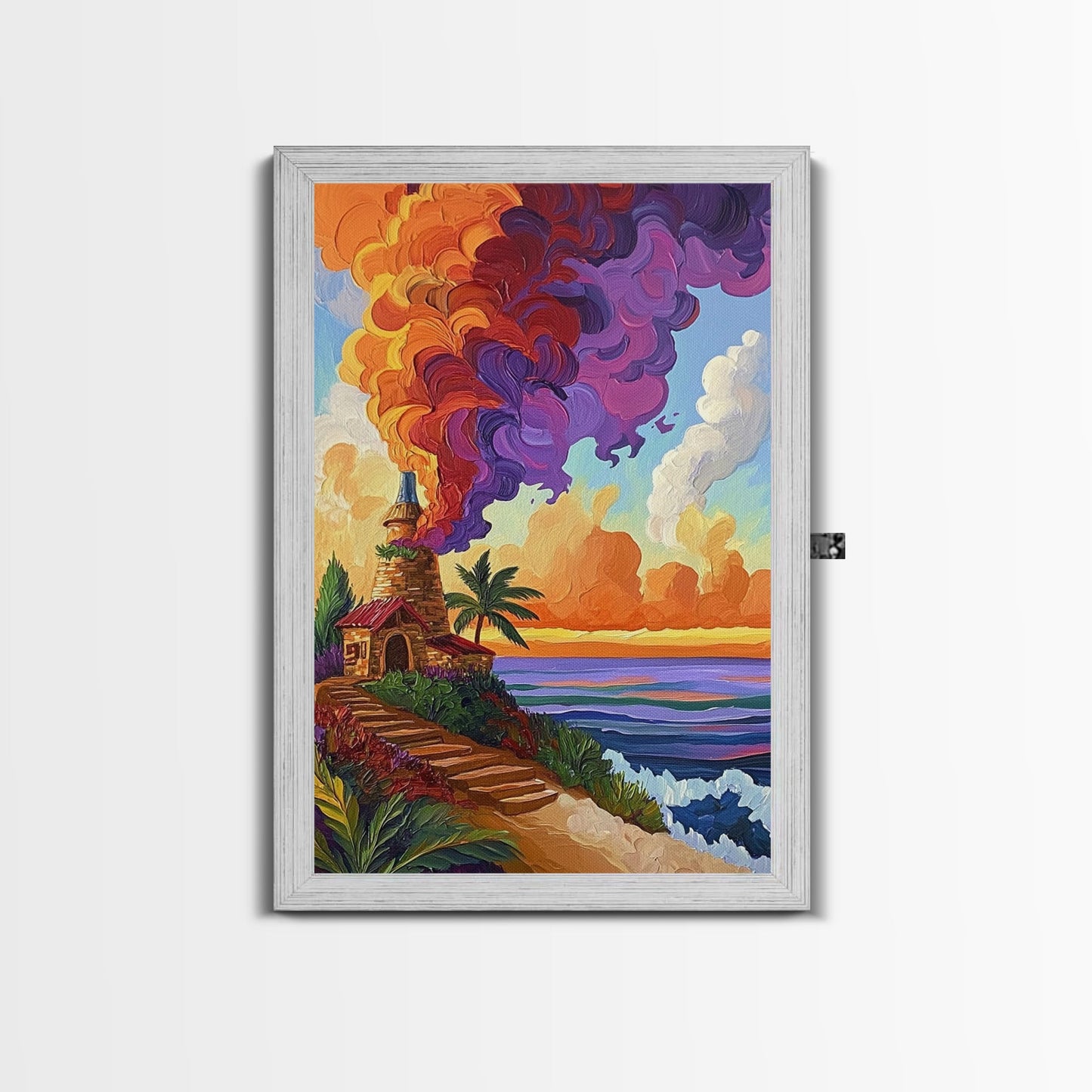Lighthouse Sunset, Tropical, Path, Canvas Print, Colorful coastal home décor, beach house art, tropical living room wall painting
