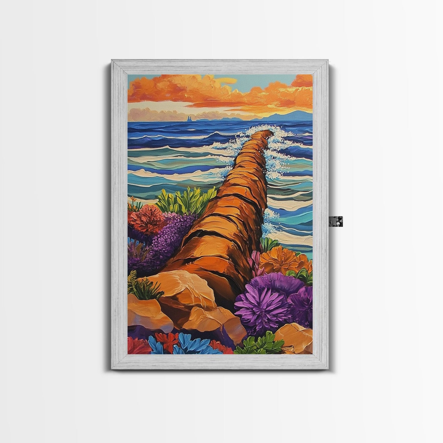 Ocean Path, Wildflowers, Shoreline, Framed Canvas Print coastal path wall art, ocean wildflower painting, beach garden style, hallway decor
