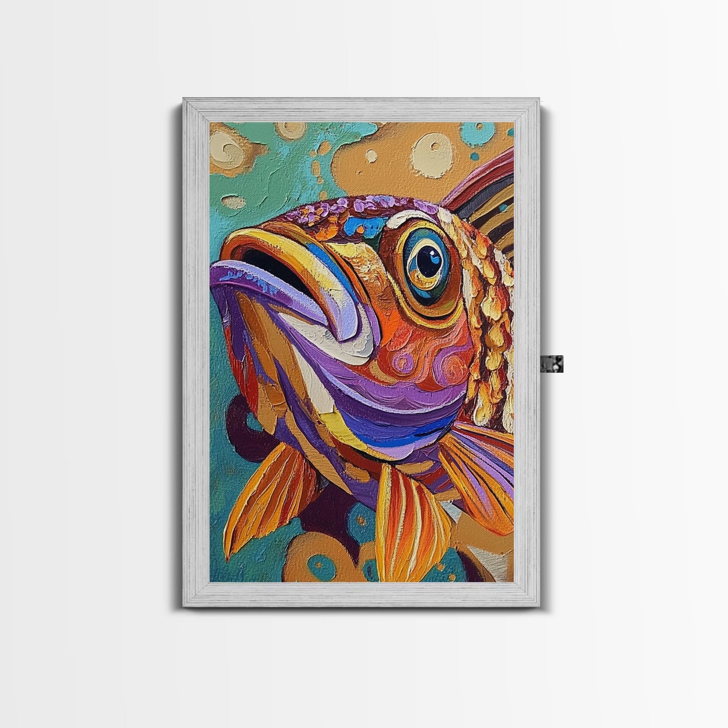 Fish Colorful, Tropical, Bold, Framed Canvas Print, vibrant ocean art, coastal bathroom decor, abstract tropical fish painting, boho beach