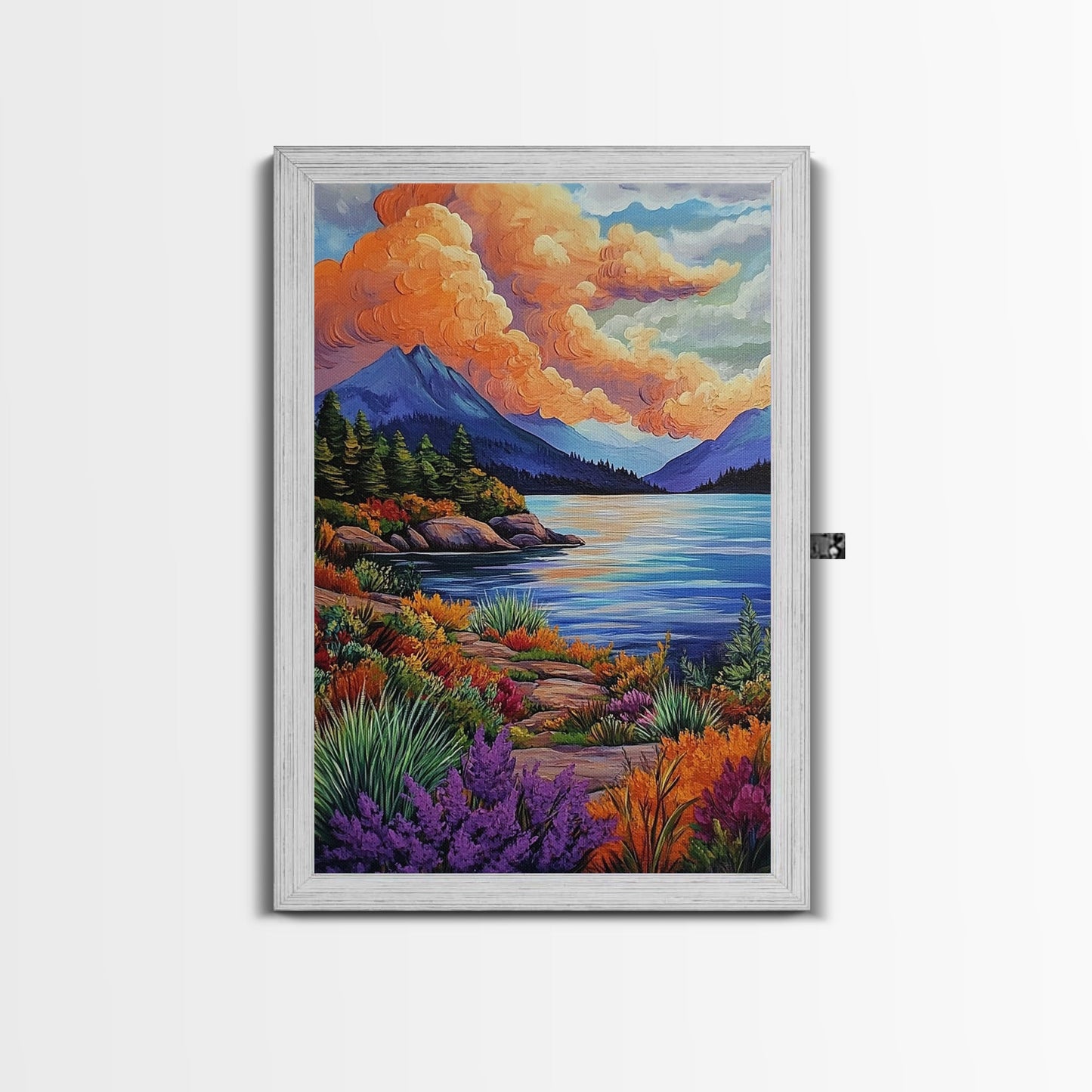 Lake Mountains, Sunset, Autumn, Framed Canvas Print serene mountain lake sunset wall art, vibrant Autumn landscape canvas, cozy cabin decor