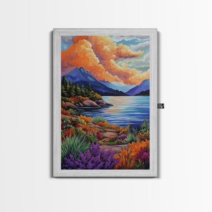 Lake Mountains, Sunset, Autumn, Framed Canvas Print serene mountain lake sunset wall art, vibrant Autumn landscape canvas, cozy cabin decor