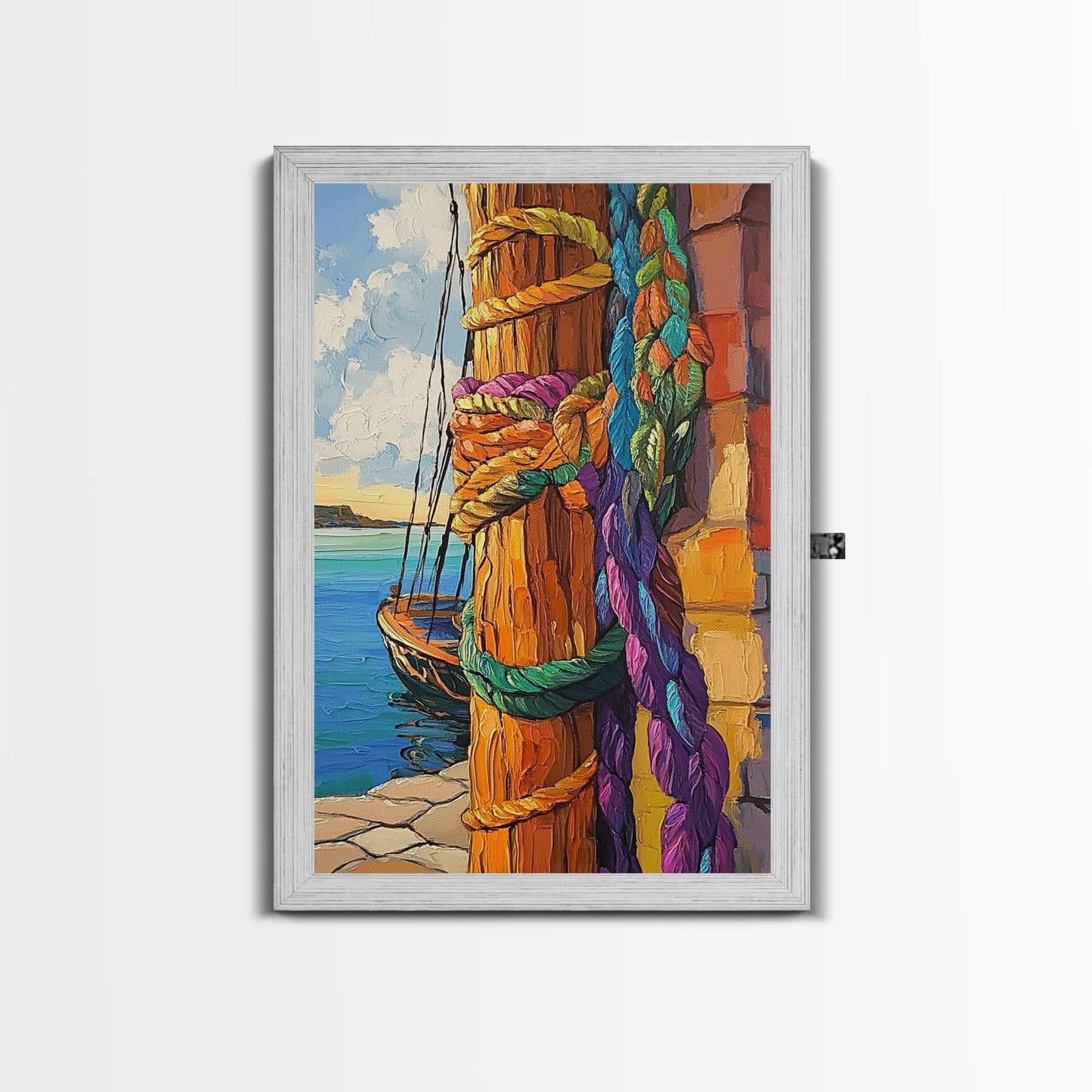 Boat Dock, Ropes, Framed Canvas Print, Nautical Coastal Wall Art, Vibrant Marina Scene, Boho Seaside Decor, Bathroom art, Office Wall Art
